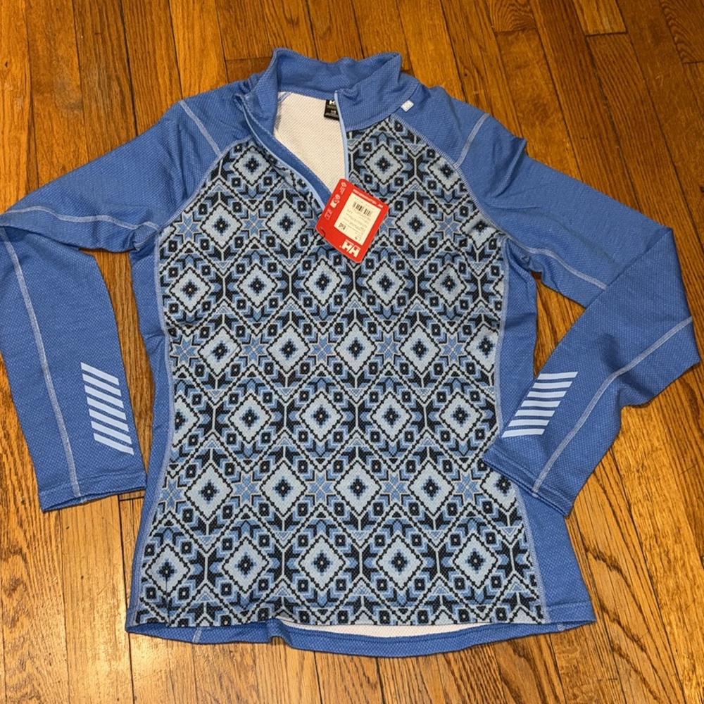 NWT Helly Hansen Lifa Merino 1/2 Zip ultra blue star pixel Base Top holiday L